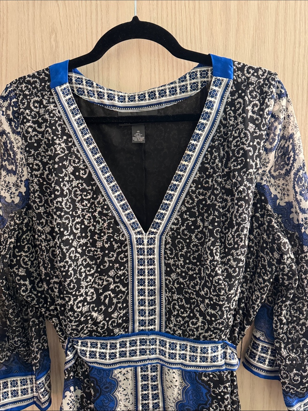 Silk Blue and Black Patterned V-Neck Women’s Dress